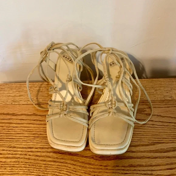 VTG y2k Bamboo Cut Out Heels Wrap Tie Sandal Wedge Wood Suede 7 2000 90s Chunk - Picture 2 of 12